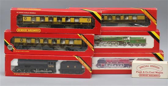 Hornby - 00 gauge - three locomotives and tenders; BR standard class R063 Britannia, R150 LNER B12/3 Closs, R066 LMS 4-6-2 Duchess, 3 P
